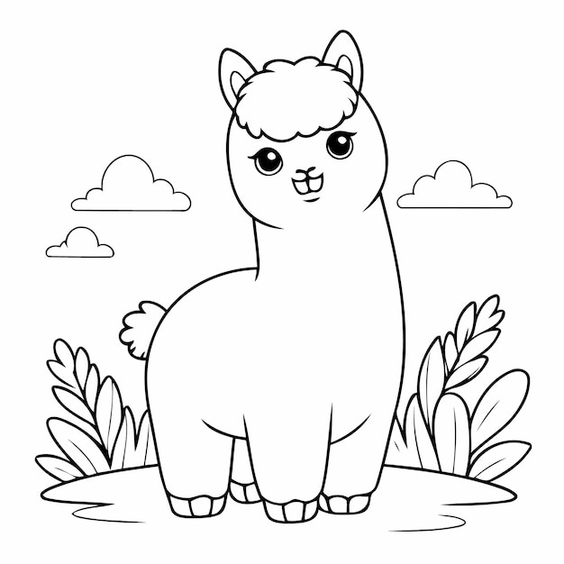 Ilustración vectorial linda Dibujo de alpaca para niños pequeños Actividad de colorear