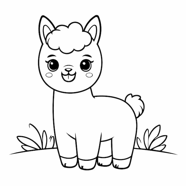 Ilustración vectorial linda garabateo de alpaca en blanco y negro para niños página