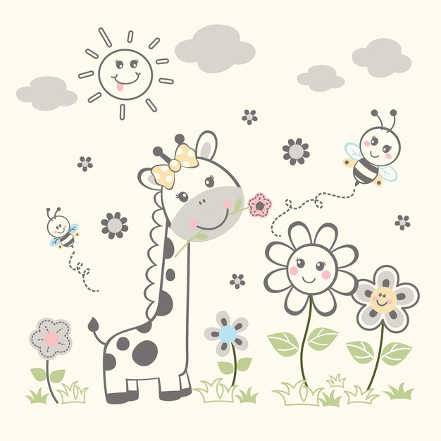 Ilustración vectorial de una linda jirafa de dibujos animados decorada con flores