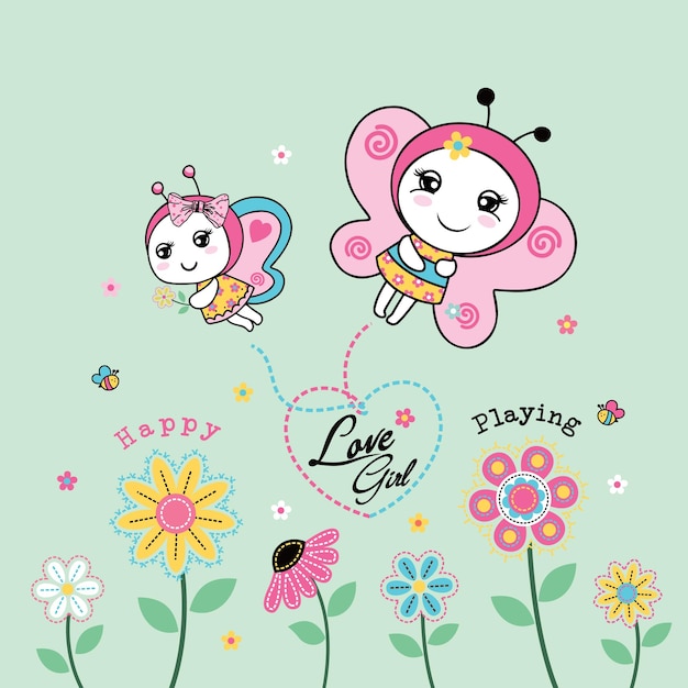 Ilustración vectorial de una linda mariposa con hermosas flores
