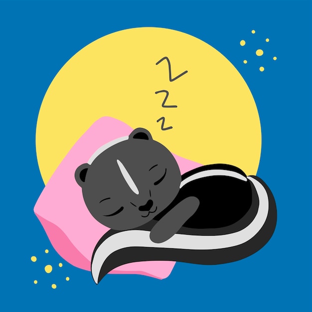 Ilustración vectorial linda mofeta negra está durmiendo en una almohada azul caligrafía de la hora de dormir cada elemento está aislado concepto de cuidado tú mismo, relájate diseño para la habitación de los niños de los niños de la guardería