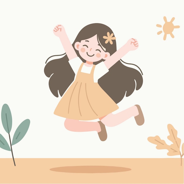 Ilustración vectorial de una linda niña de dibujos animados saltando felizmente