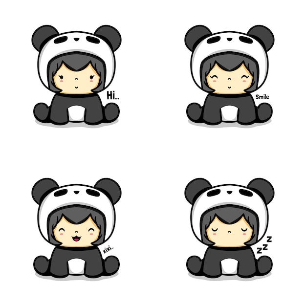 ilustración vectorial de una linda niña emoji con traje de panda