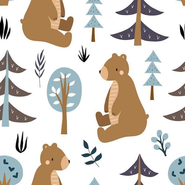 Ilustración vectorial linda de un oso lindo en el bosque dibujado a mano con árboles en estilo escandinavo Ilustración de bebés