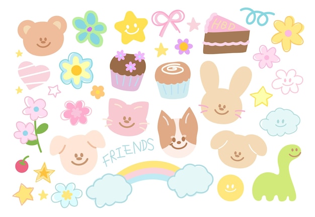 Ilustración vectorial linda del oso de peluche, el gato, el arco iris, el cachorro, la mariposa, la flor, el pastel, los dinosaurios.