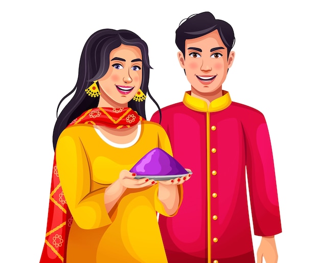 Vector ilustración vectorial de una linda pareja india celebrando holi con colores y elementos de holi