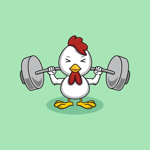 ilustración vectorial linda de pollo levantando barbell personaje de dibujos animados
