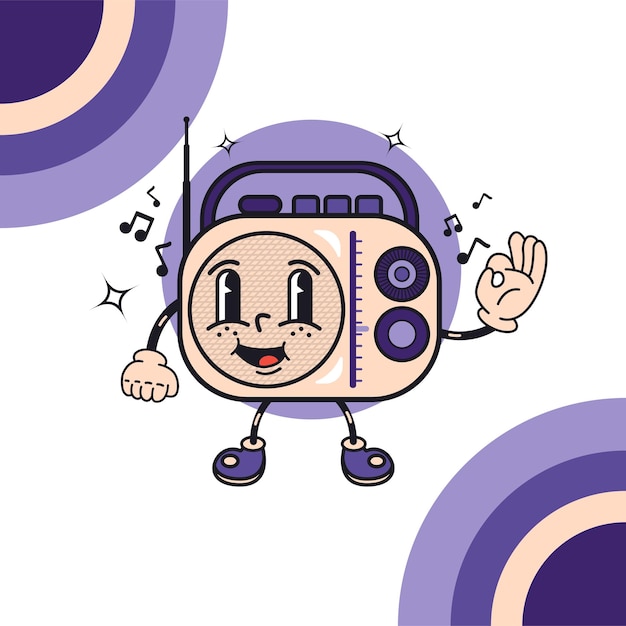 Ilustración vectorial de una linda radio sonriente en estilo retro maravilloso en colores elegantes