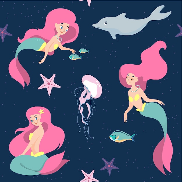 Ilustración vectorial de una linda sirena en diferentes poses un fabuloso personaje de dibujos animados