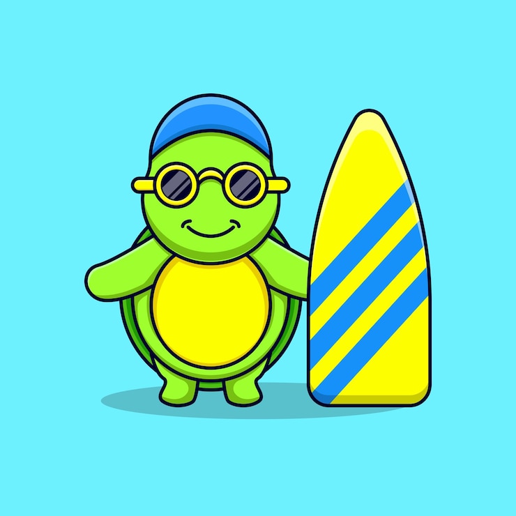Vector ilustración vectorial de una linda tortuga sosteniendo una tabla de snowboard