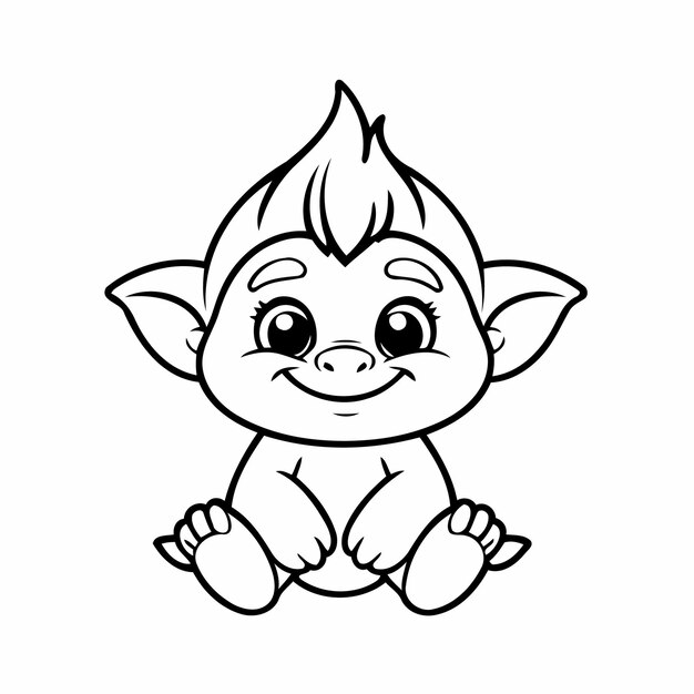 Ilustración vectorial linda troll garabateo en blanco y negro para niños página