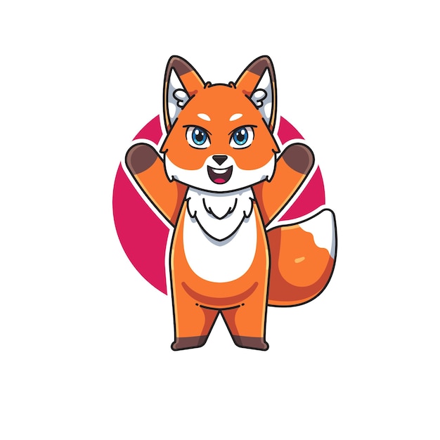 ilustración vectorial de un lindo y adorable personaje de dibujos animados de zorro posando levantando las manos y feliz