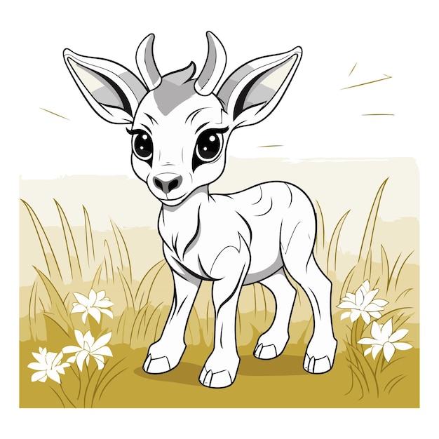 Vector ilustración vectorial de un lindo bebé ciervo en un prado con flores