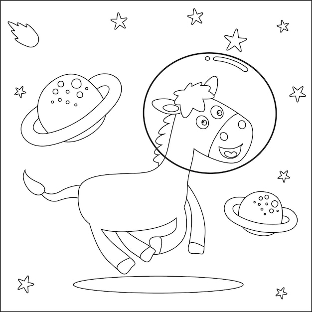 Ilustración vectorial de un lindo caballo astronauta flotando en el espacio Dibujos animados aislados ilustración vectorial Vector creativo Diseño infantil para actividades infantiles libro o página para colorear