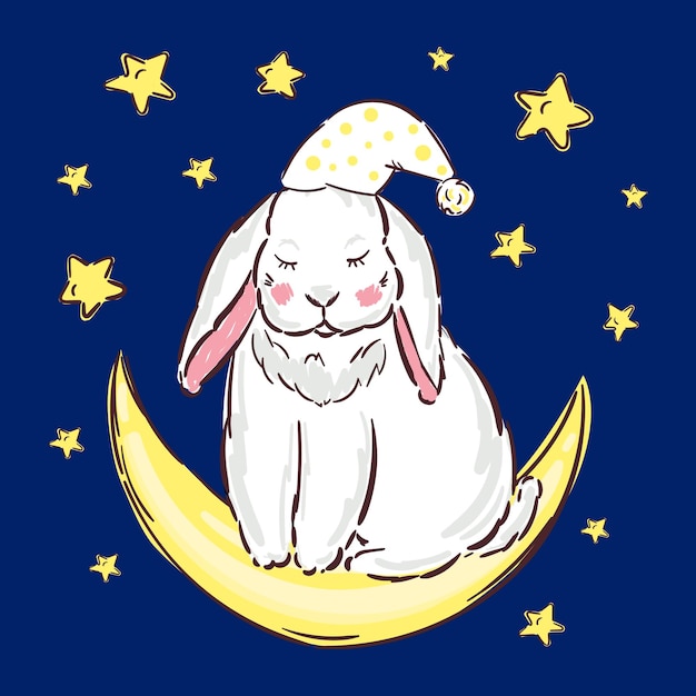 Ilustración vectorial de un lindo conejito de dibujos animados durmiendo en una luna Los animales bebés conejo están durmiendo