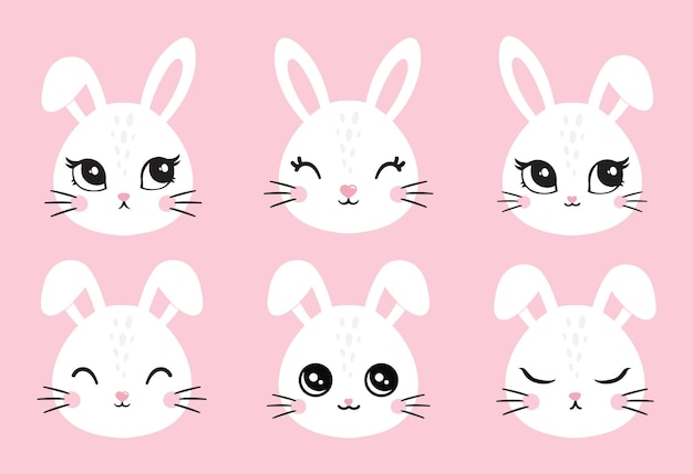 Ilustración vectorial de un lindo conejo blanco liebre retratos de animales lindos en blanco rosa pastel