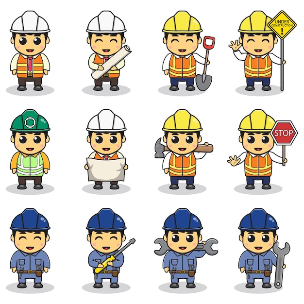 Ilustración vectorial de lindo conjunto de dibujos animados de niño de construcción