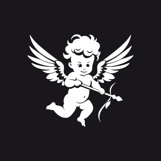 Ilustración vectorial de un lindo Cupido con alas y una flecha en blanco y negro