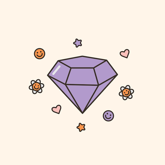 Ilustración vectorial de lindo diamante con flores de margarita y corazones joyas de chicas de dibujos animados