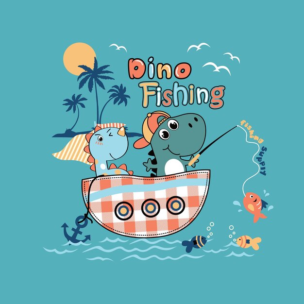 ilustración vectorial de lindo dinosaurio pescando