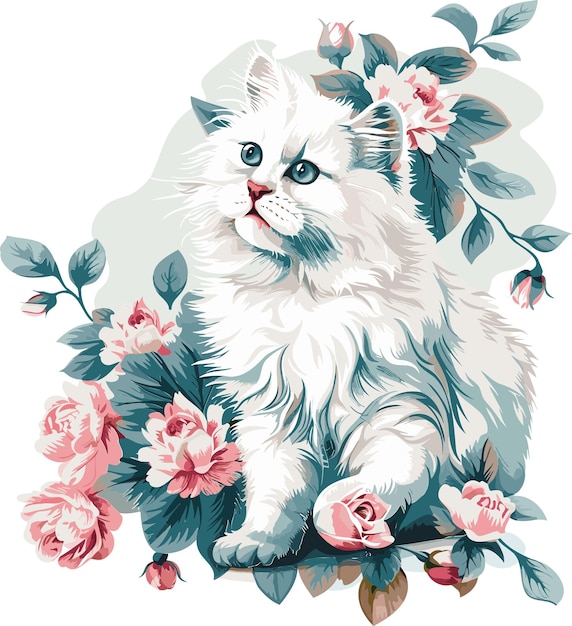 Ilustración vectorial de un lindo gato con una corona floral