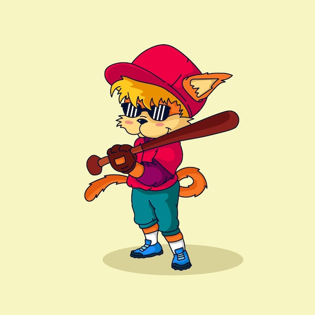Ilustración vectorial de un lindo gato jugando al béisbol para textiles y impresiones de tela