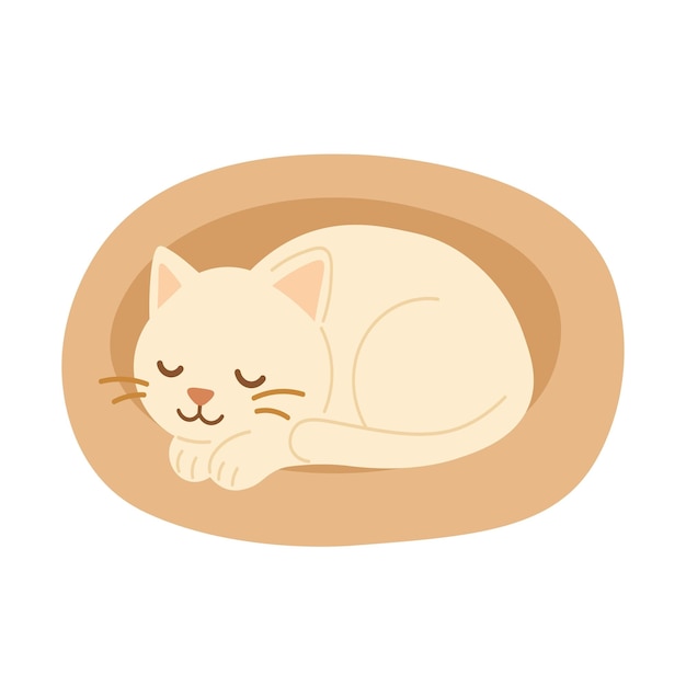 Ilustración vectorial de un lindo gato ligero durmiendo pacíficamente acurrucado en una cama de mascota suave