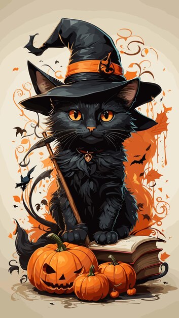 Ilustración vectorial de un lindo gato negro que monta una escoba tiene ojos naranjas usa un sombrero de bruja Halloween Calabaza