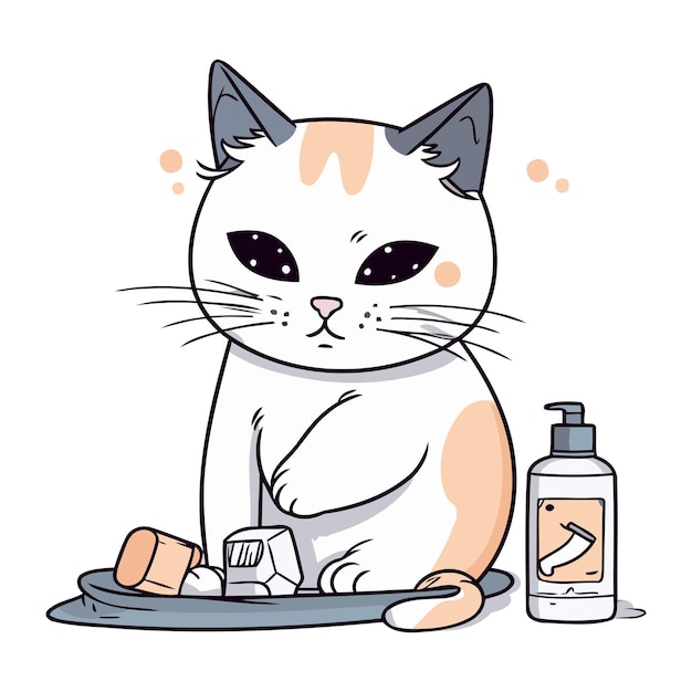 Vector ilustración vectorial de un lindo gato sentado junto a una botella de champú y jabón