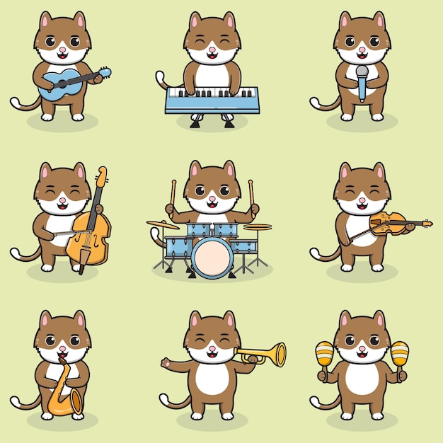 Ilustración vectorial de lindo gato tocando instrumentos musicales Conjunto de lindos personajes de gato