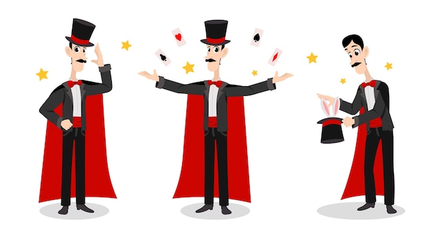 Ilustración vectorial de un lindo y hermoso mago sobre fondo blanco Caracteres encantadores y fabulosos en diferentes poses saludan muestra trucos con cartas y saca conejos del sombrero al estilo de dibujos animados