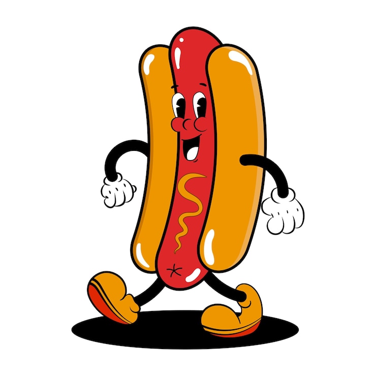 Vector ilustración vectorial de un lindo hot dog sonriente en estilo retro groove en colores elegantes