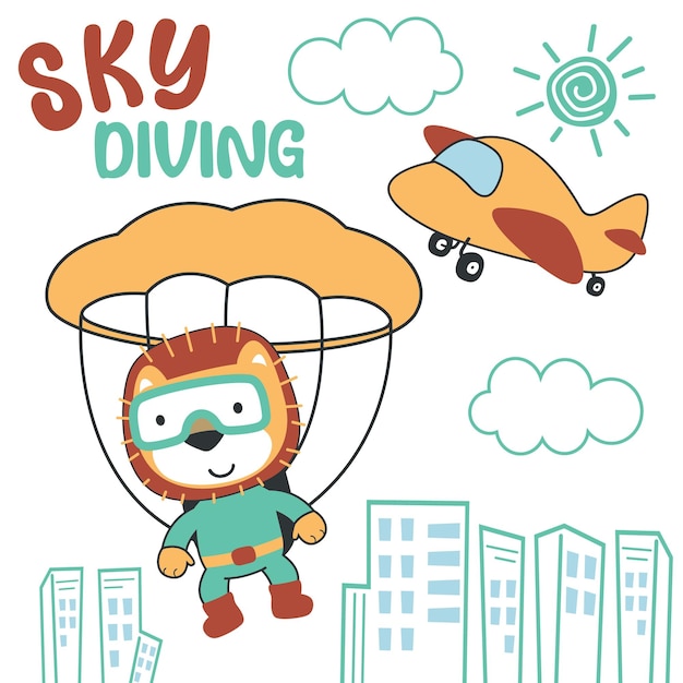 Ilustración vectorial de un lindo león volando con un paracaídas con estilo de dibujos animados Vector creativo fondo infantil para tela textil vivero papel tapiz cartel tarjeta ilustración vectorial