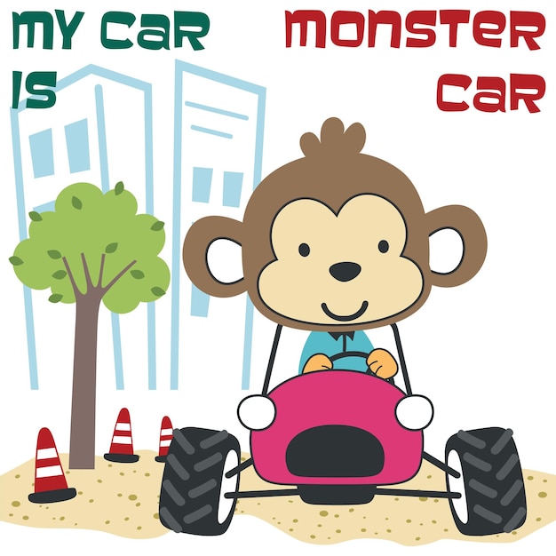 Ilustración vectorial de un lindo mono en un auto todoterreno que va al bosque. Se puede usar para imprimir camisetas. Los niños usan tarjetas de invitación, telas, textiles, papel tapiz, carteles y otras decoraciones.