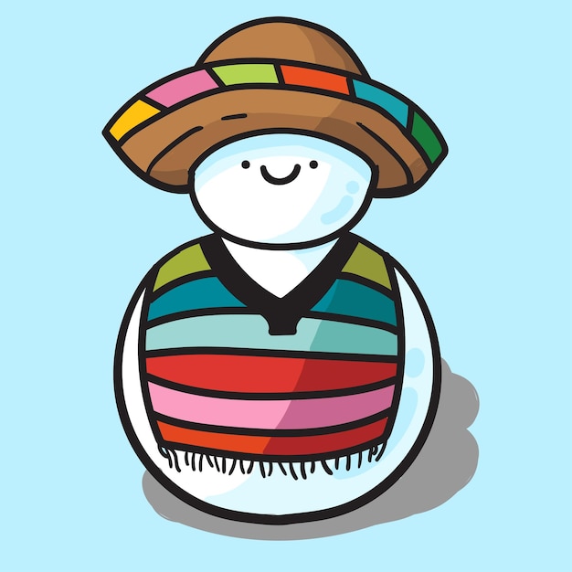 Ilustración vectorial de lindo muñeco de nieve usando serape y sombrero