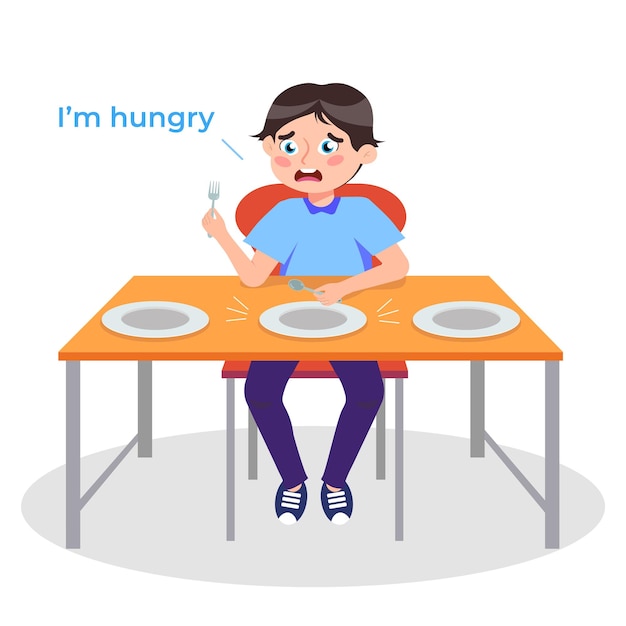 Ilustración vectorial de un lindo niño hambriento Escena de dibujos animados de un niño sentado en una mesa con platos y sosteniendo un tenedor y una cuchara en sus manos esperando comida aislada sobre un fondo blanco