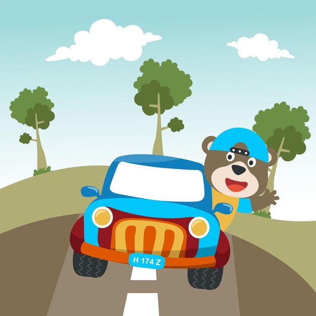 ilustración vectorial de un lindo oso en un auto de viaje por carretera. Puede usarse para imprimir camisetas, los niños usan tarjetas de invitación, telas, textiles, papel tapiz de guardería, afiches y otras decoraciones.