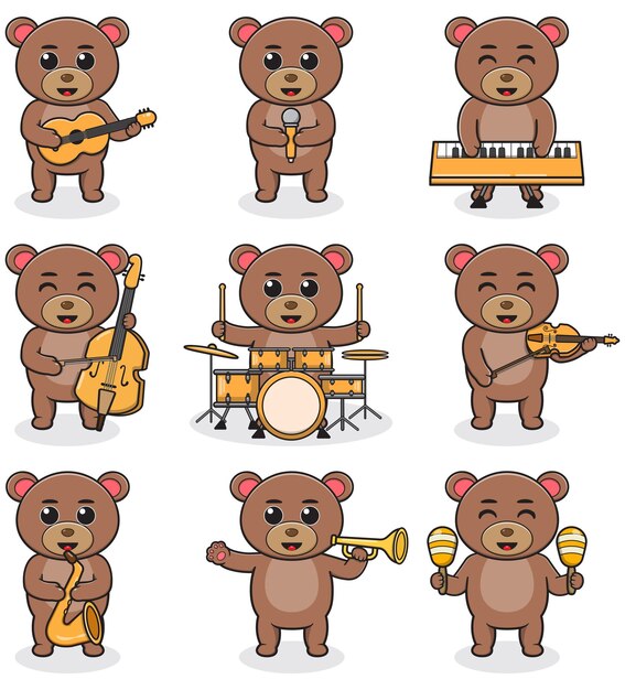Ilustración vectorial de lindo oso tocando instrumentos musicales Conjunto de lindos personajes de oso