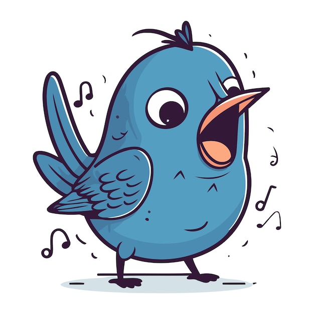 Ilustración vectorial de un lindo pájaro azul cantando sobre un fondo blanco