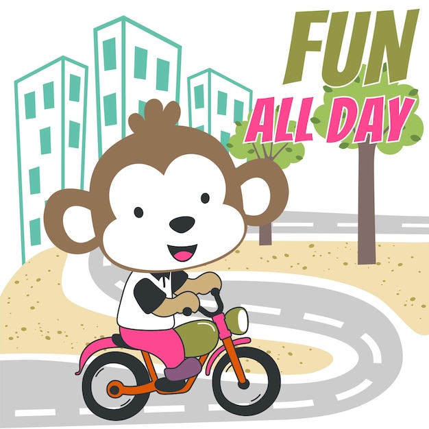 Ilustración vectorial de un lindo y pequeño mono en motocicleta. Fondo infantil vectorial creativo para tela, textil, papel tapiz, póster, tarjeta, folleto y otras decoraciones.