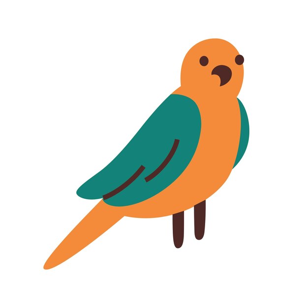 Ilustración vectorial de un lindo periquito amarillo y verde con plumas de colores estilo plano de dibujos animados