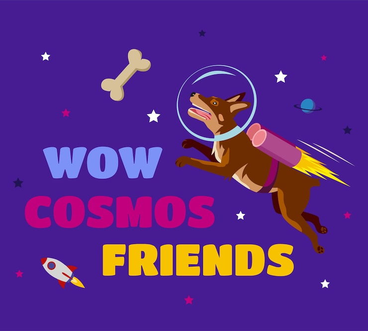 Vector ilustración vectorial de un lindo perro astronauta en un traje espacial flotando en el espacio con un hueso de perro