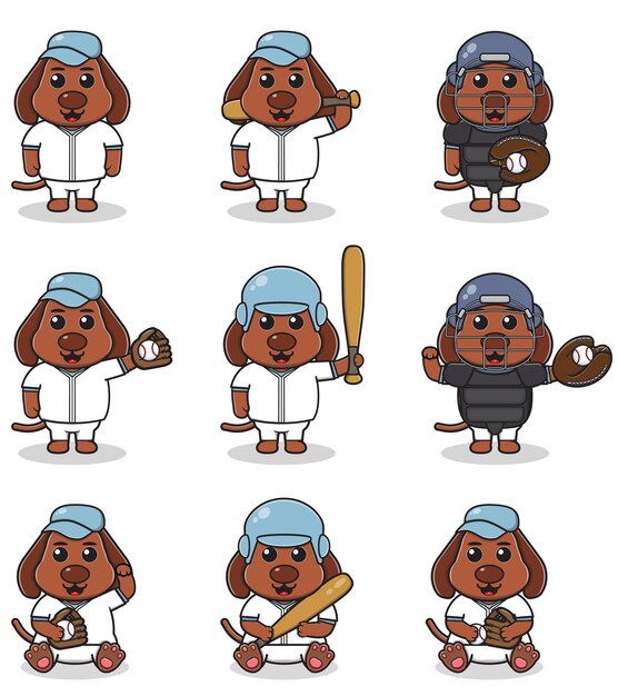 Ilustración vectorial de un lindo perro con traje de béisbol Conjunto de personajes de perros lindos