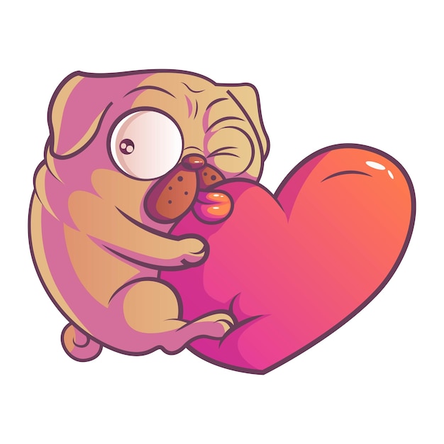 Ilustración vectorial de lindo pug guiñando un ojo mientras se aferra al corazón