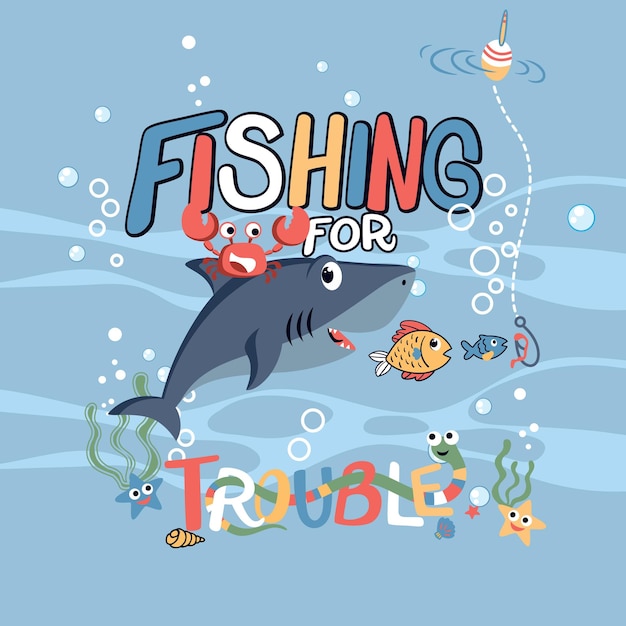 ilustración vectorial de lindo tiburón pescando en las profundidades del mar