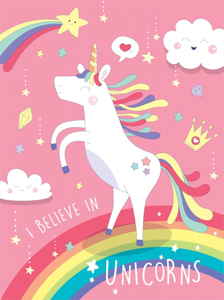 Vector ilustración vectorial de un lindo unicornio con fondo de arco iris elementos mágicos y texto yo creo en el unicornio