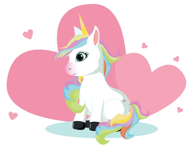 Ilustración vectorial de un lindo unicornio sentado con fondo de amor.