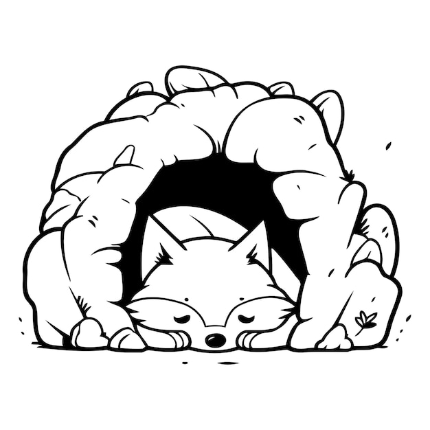 Ilustración vectorial de un lindo zorro rojo durmiendo en un agujero en la roca