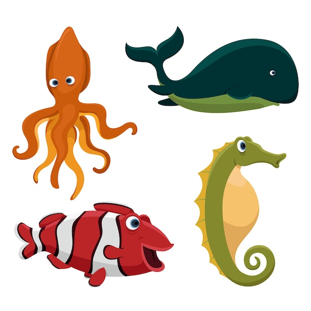 Ilustración vectorial de lindos animales de dibujos animados del mar, incluidos Nemo, calamares, ballenas, caballitos de mar