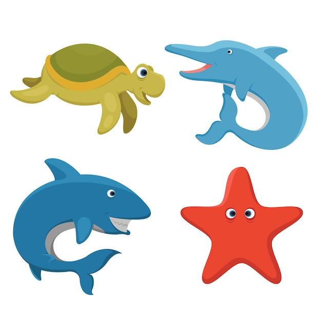 Ilustración vectorial de lindos animales de dibujos animados del mar, incluyendo tortugas, delfines, tiburones, estrellas de mar